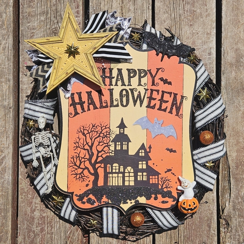 Haunted House Halloween Wreath 18" Grapevine